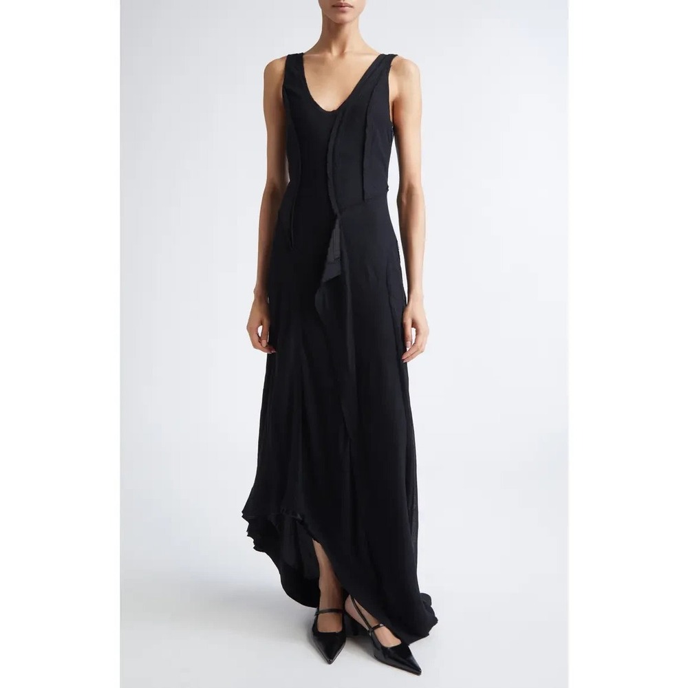 Jason Wu Collection Wool Chiffon Asymmetric Gown with Train Black Size 4